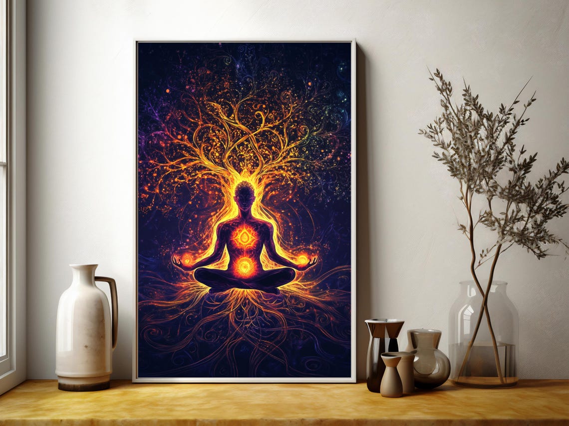 Chakra Tree of Life Meditating Silhouette with Glowing Energy Poster