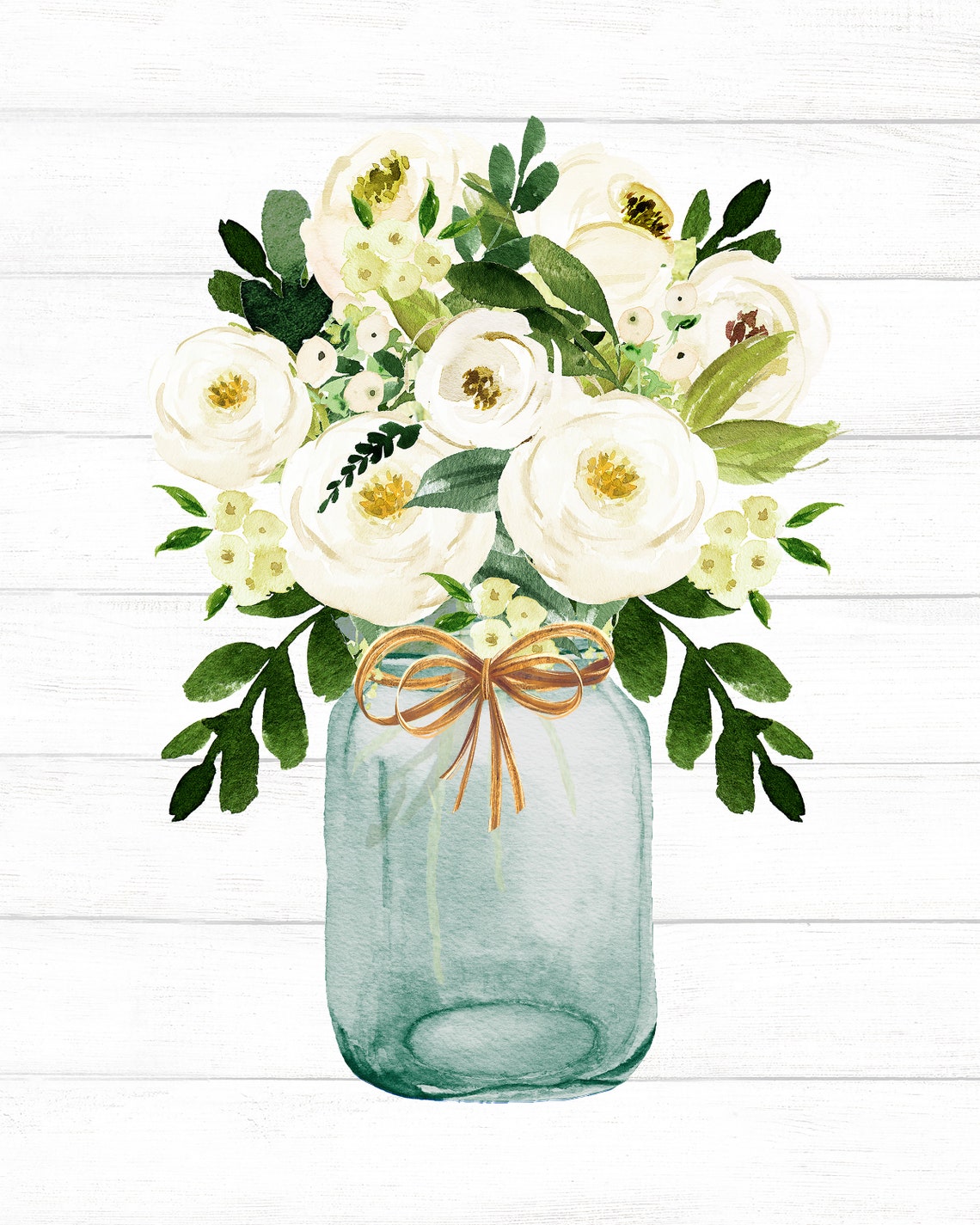 White Floral Bouquet in a Mason Jar Rustic Farmhouse Wall Poster - Image 2