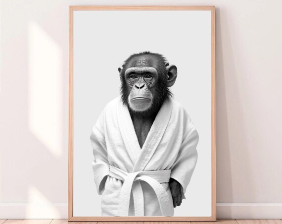 Funny Chimpanzee In White Bathrobe Whimsical Bathroom Wall Art