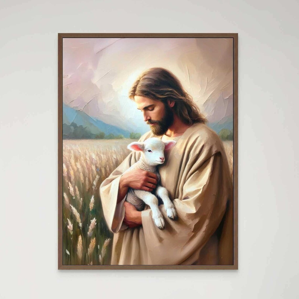 Jesus Holding White Lamb In Wheat Field Good Shepherd Painting Poster