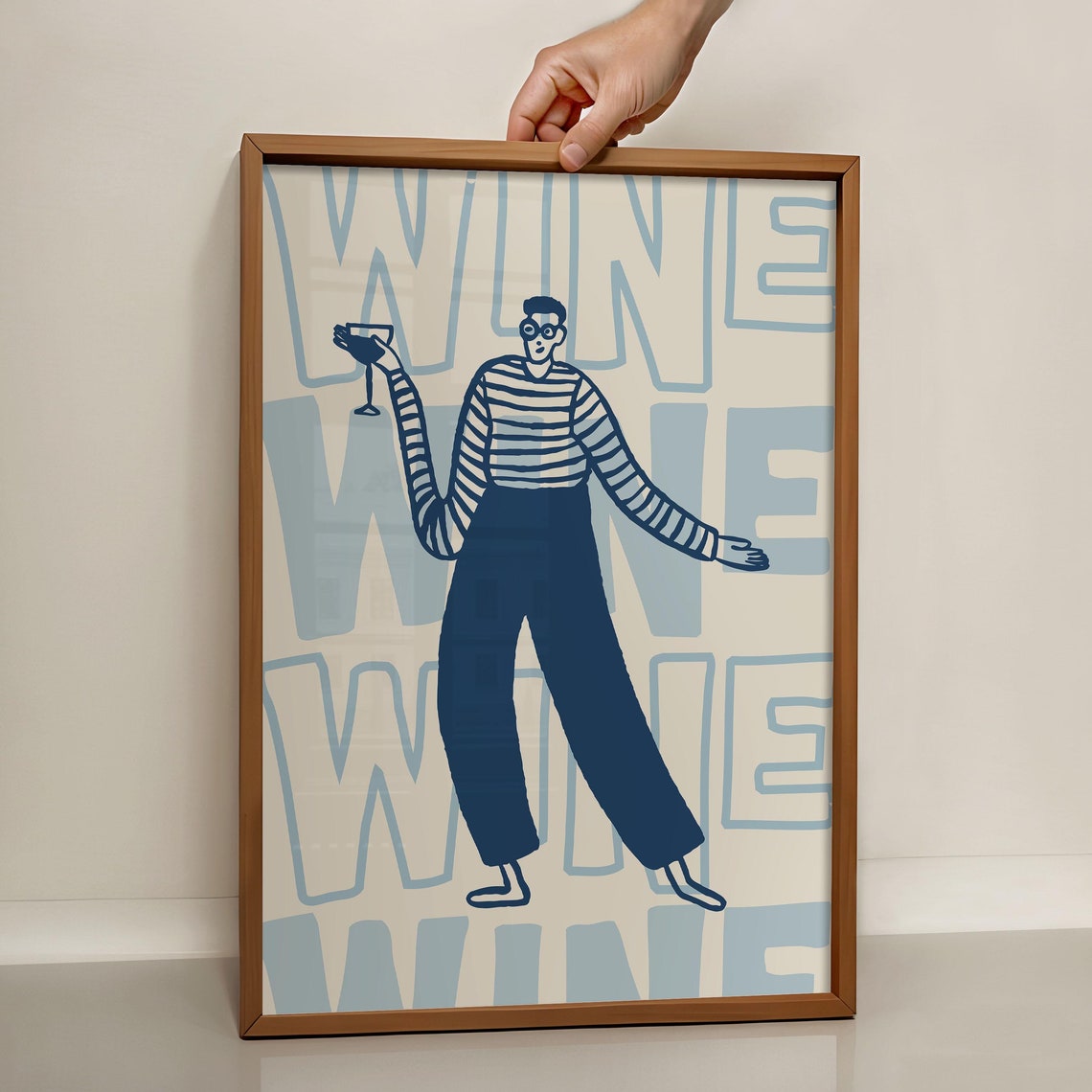 Wine Lover Retro Striped Man Blue Bar Cart Kitchen Wall Poster