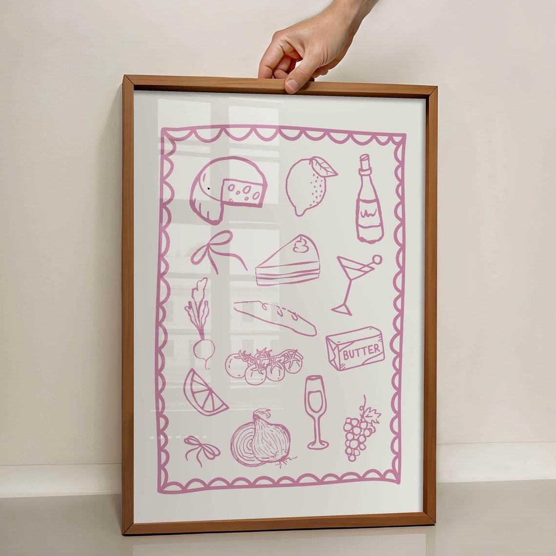 Pink Hand Drawn Food Illustration Trendy Dinner Party Kitchen Poster