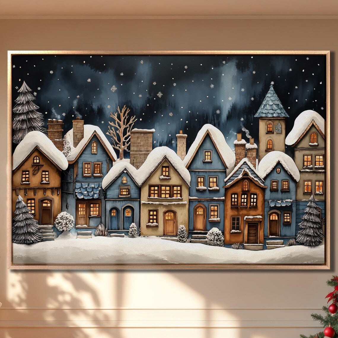 Winter Night Village Framed Canvas Wall Art Snowy Houses Painting Print Holiday Season Poster Homely Festive Decor Xmas Gift Ready To Hang