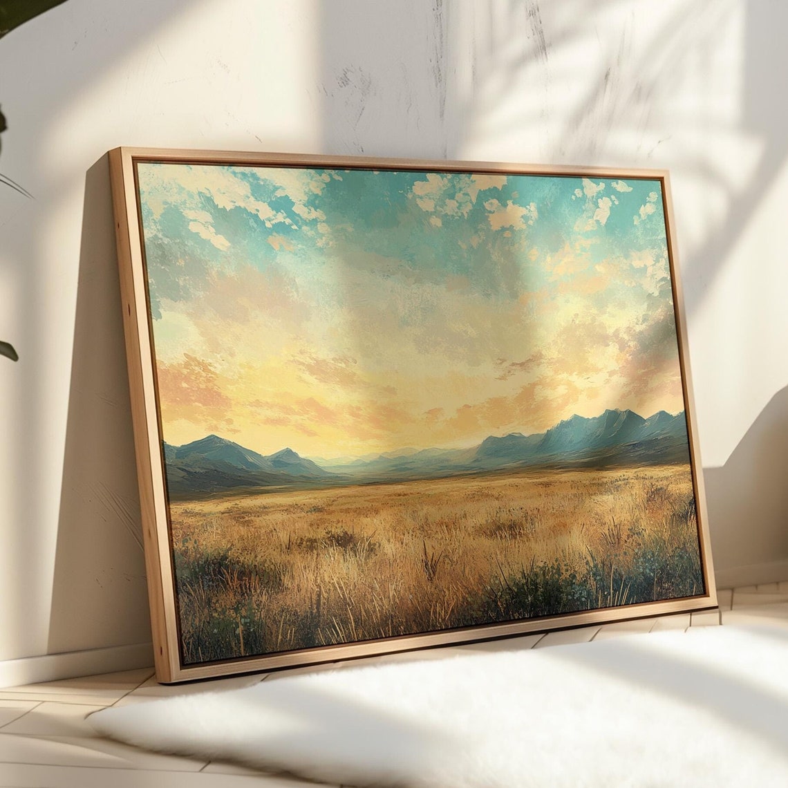 Sunset Prairie Mountains Golden Grass Teal Sky Landscape Wall Poster