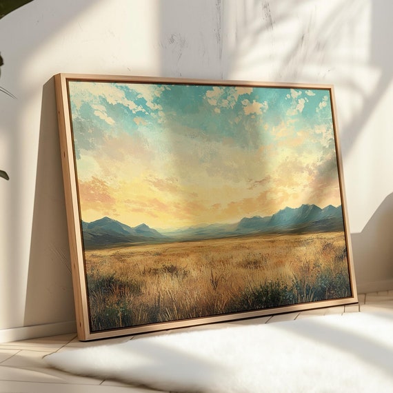 Golden Sunset Over Mountain Range In Serene Prairie Landscape Wall Art Print