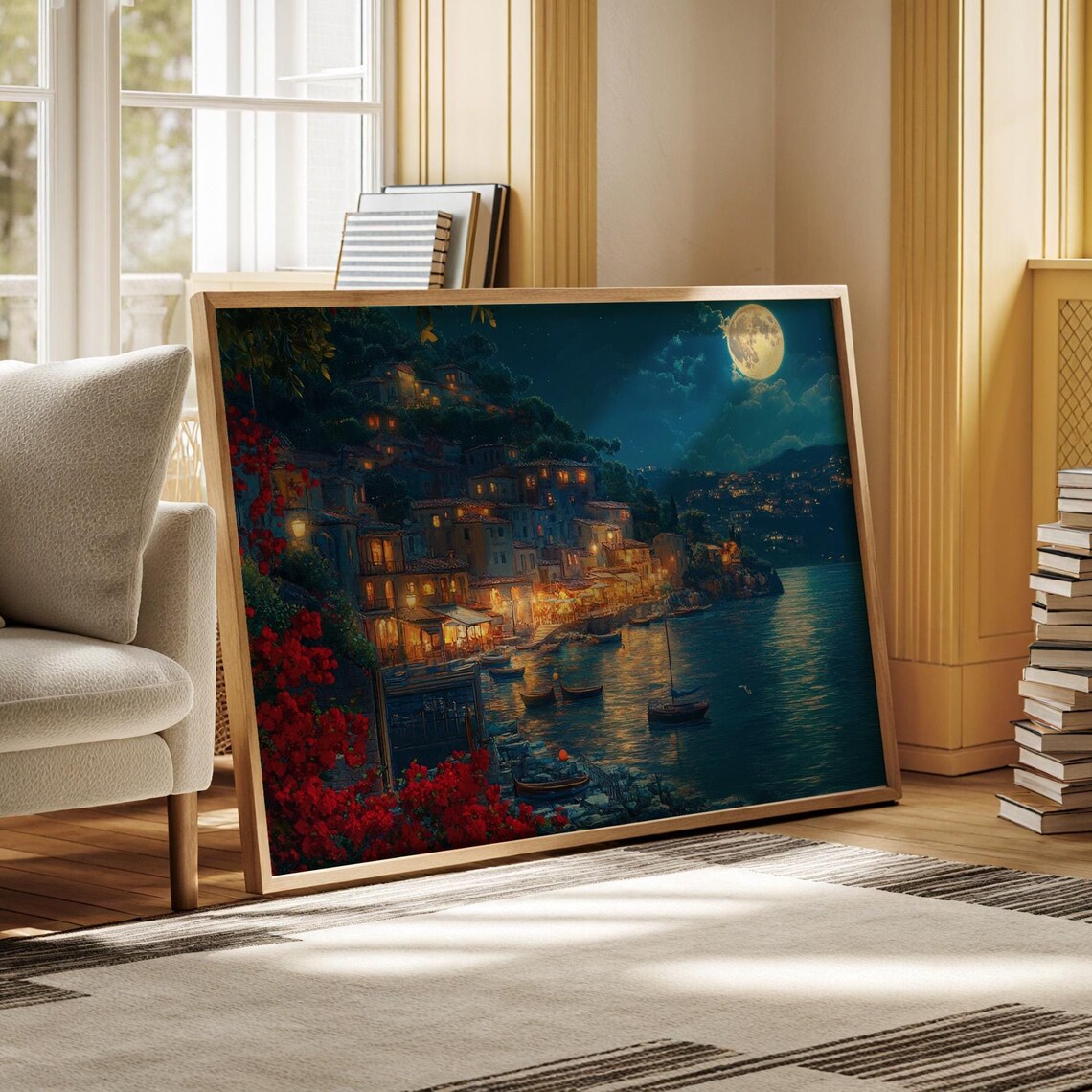 Moonlit Coastal Village Night Boats Lights Red Flowers Poster