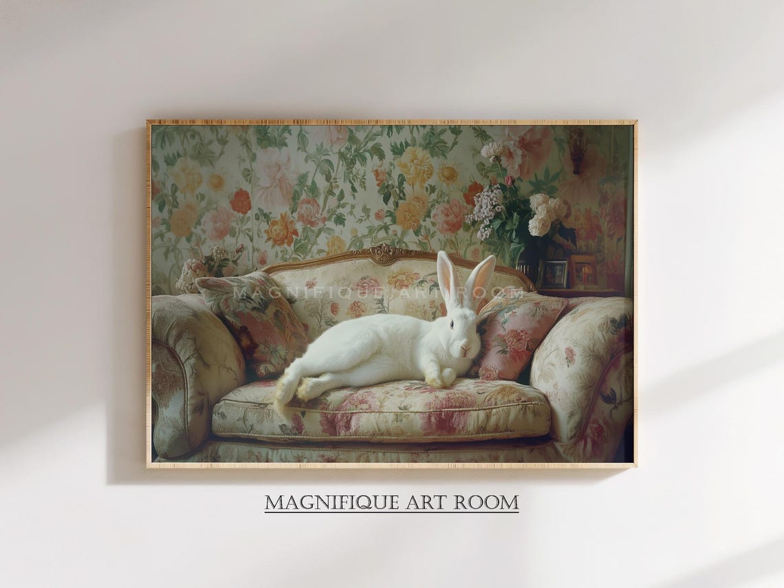 White Bunny Lounging On Floral Sofa Vintage Floral Parlor Easter Print