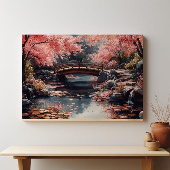 Tranquil Japanese Garden Painting With Cherry Blossoms Koi Pond Serene Spring Landscape Art Print Arched Bridge Lily Pads Wall Art