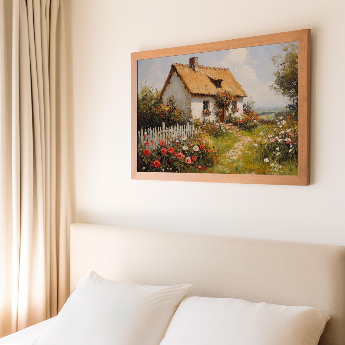 White Thatched Cottage Roses Garden Oil Painting Country Poster - Image 2