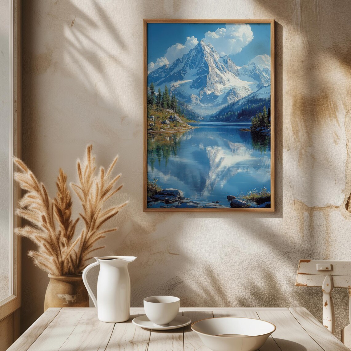 Realistic Mountain Lake Wall Art Snow Capped Peaks Reflection Evergreen Forest Serene Landscape Home Decor Art - Image 5