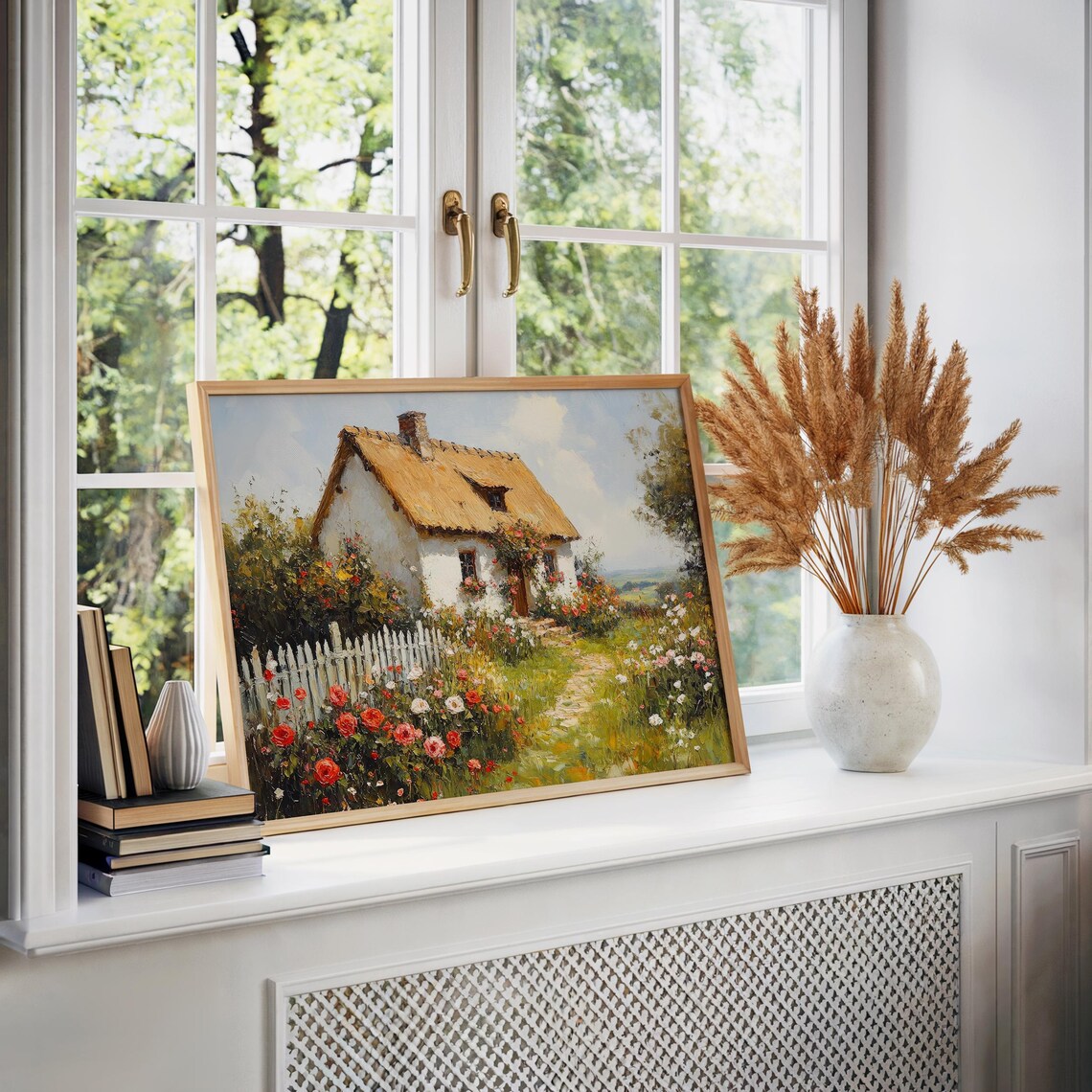 White Thatched Cottage Roses Garden Oil Painting Country Poster - Image 5