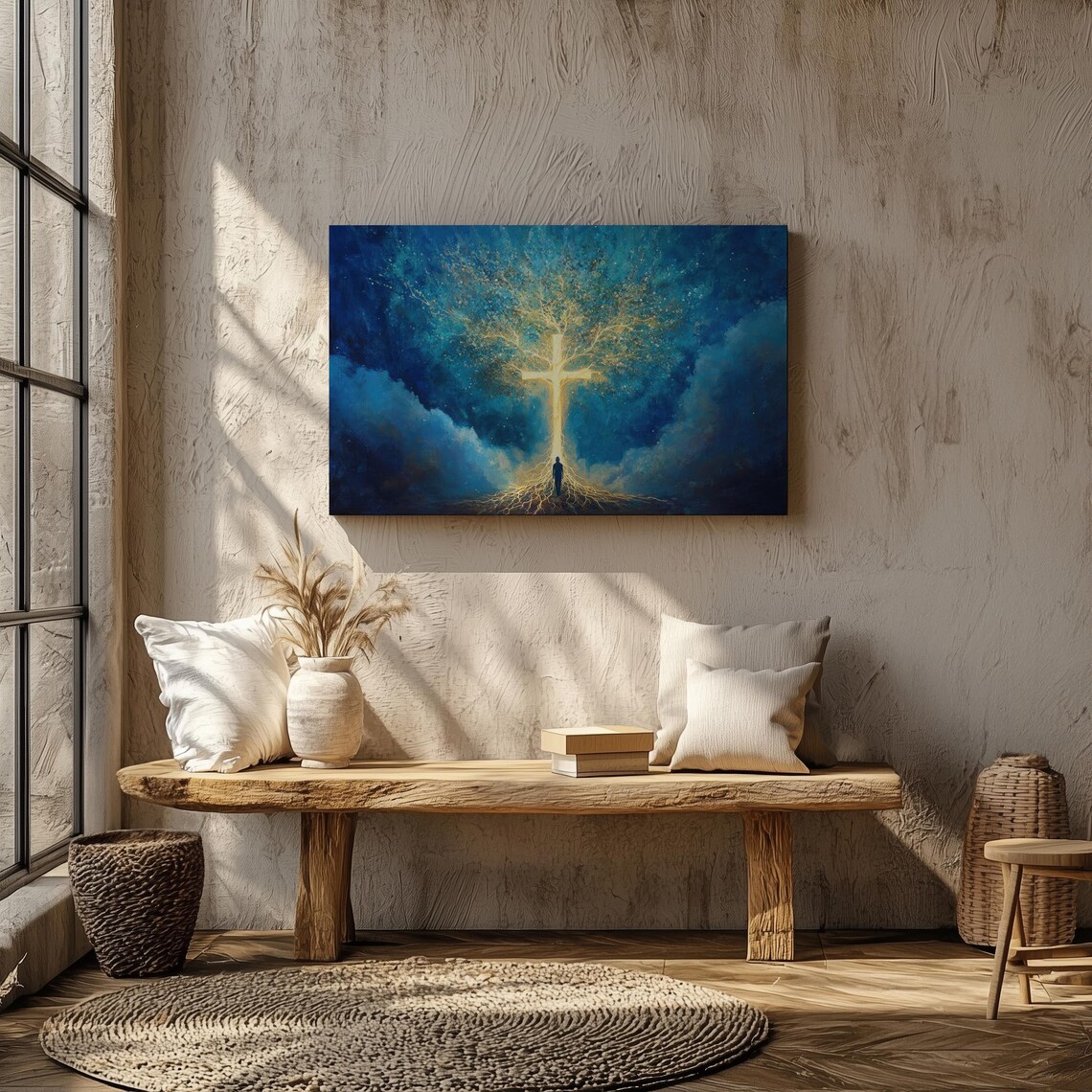 Spiritual Golden Cross Tree Of Life Glowing Roots Faith Night Sky Poster - Image 6