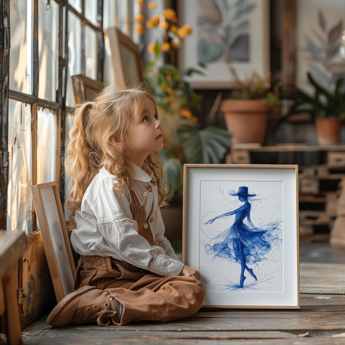 Elegant Dancer Line Art Monochrome Blue Twirl Movement Modern Wall Print - Image 3