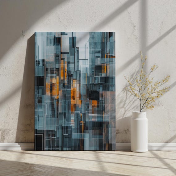 Abstract Cityscape Art Print Modern Geometric Wall Art Urban Architecture Layers In Gray Blue Ochre Home Decor
