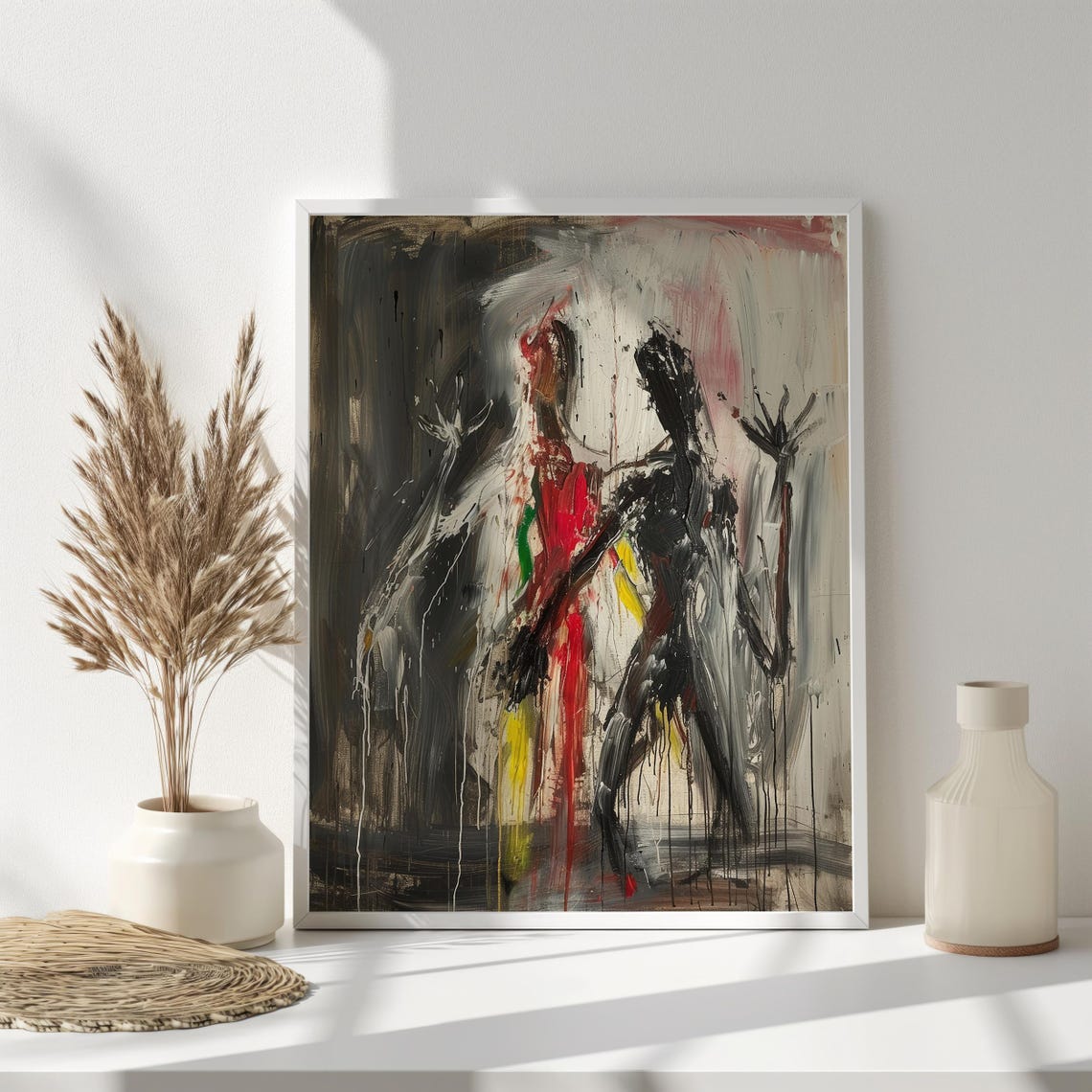Expressionist Dual Figures Abstract Painting Red Black Drips Poster