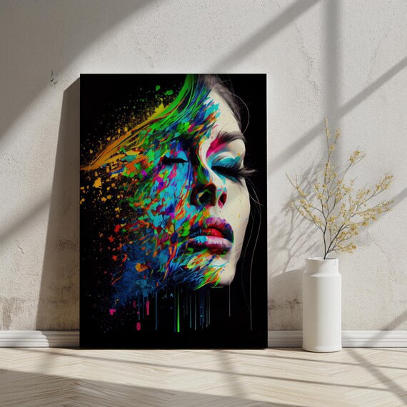 Colorful Neon Paint Splash Woman Portrait Abstract Expressionist Art Poster