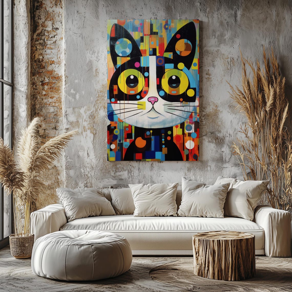 Pop Art Cat Face Print Colorful Geometric Dots Yellow Eyes Wall Poster - Image 4