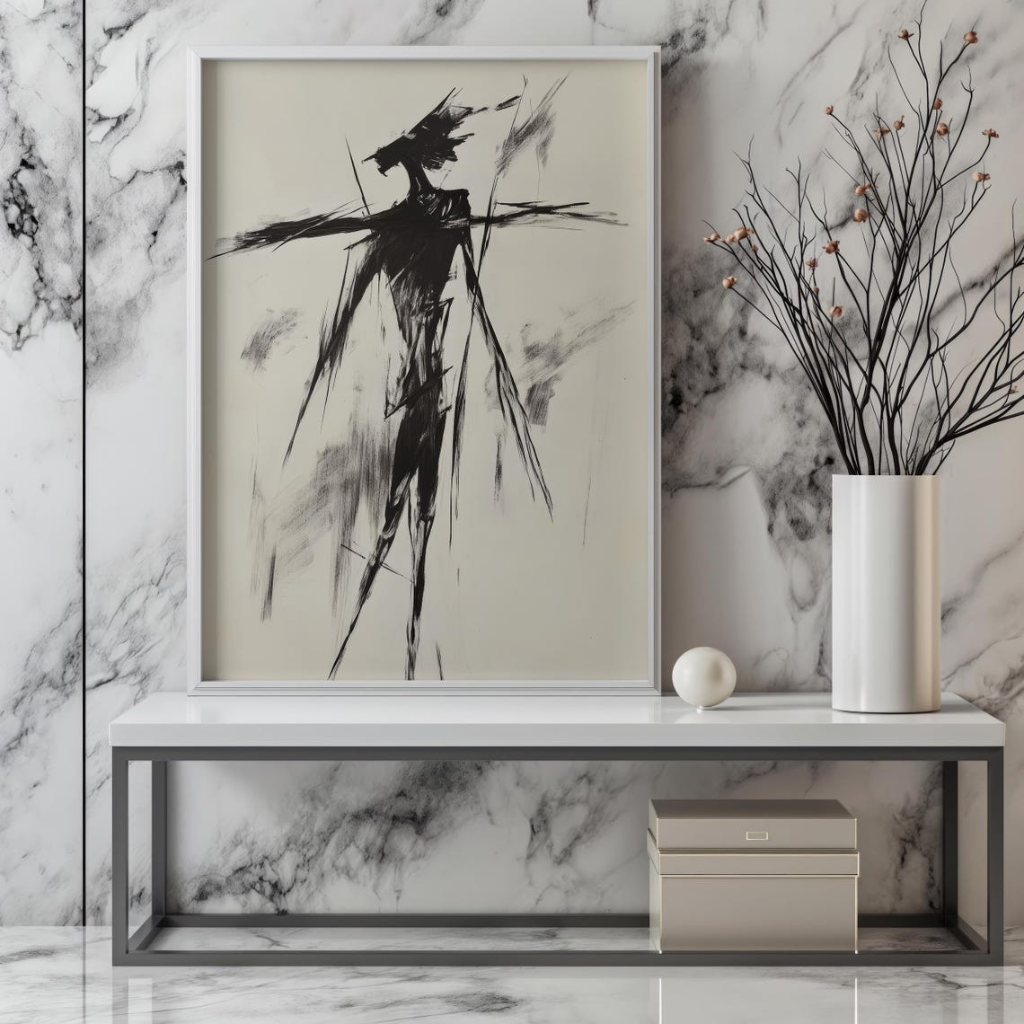 Phantom Silhouette Expressionist Black Ink Figure Minimalist Monochrome Wall Art Modern Avant Garde Line Drawing Bold Abstract Decor - Image 8