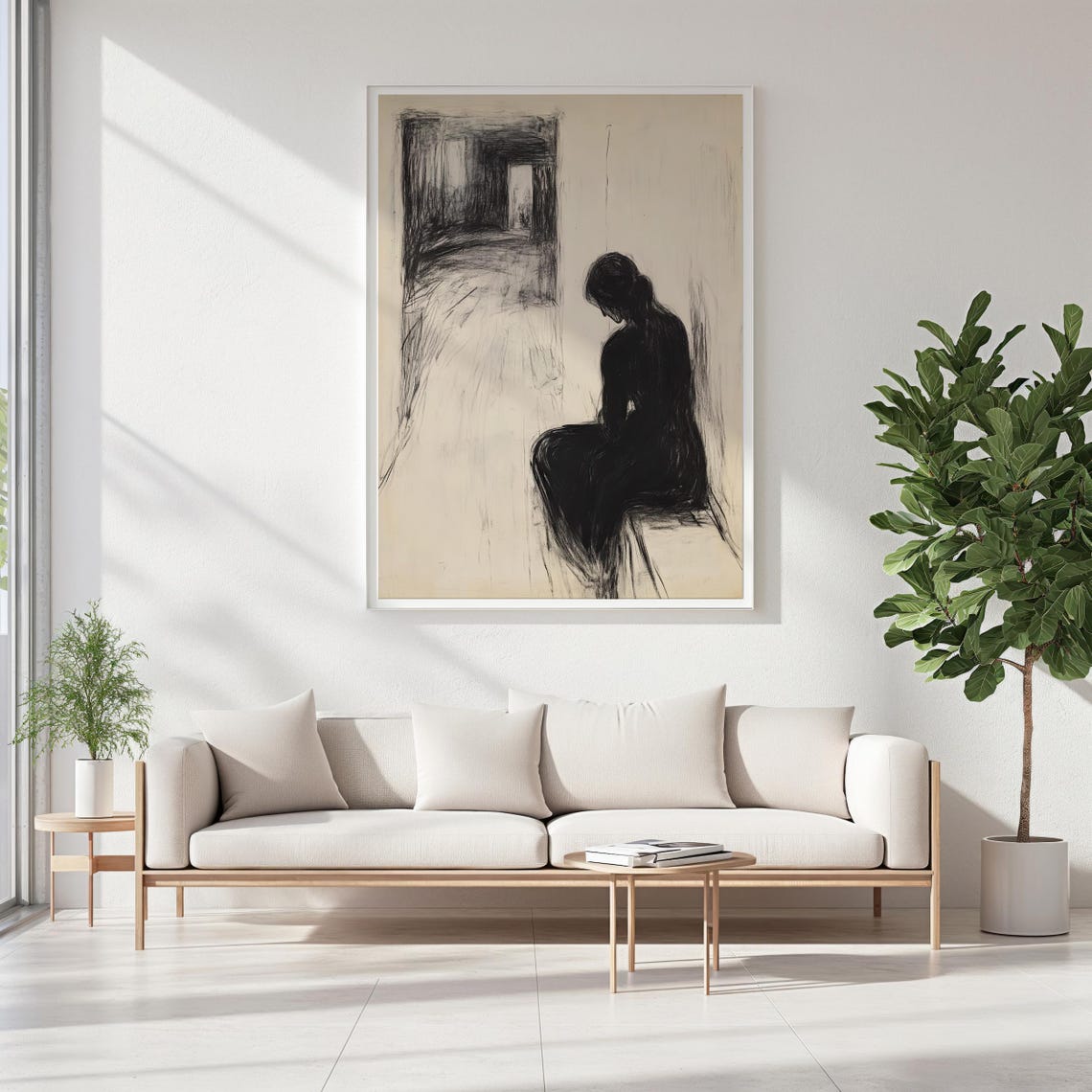 Lonely Seated Figure Charcoal Sketch Emotional Minimalist Art Poster - Image 5