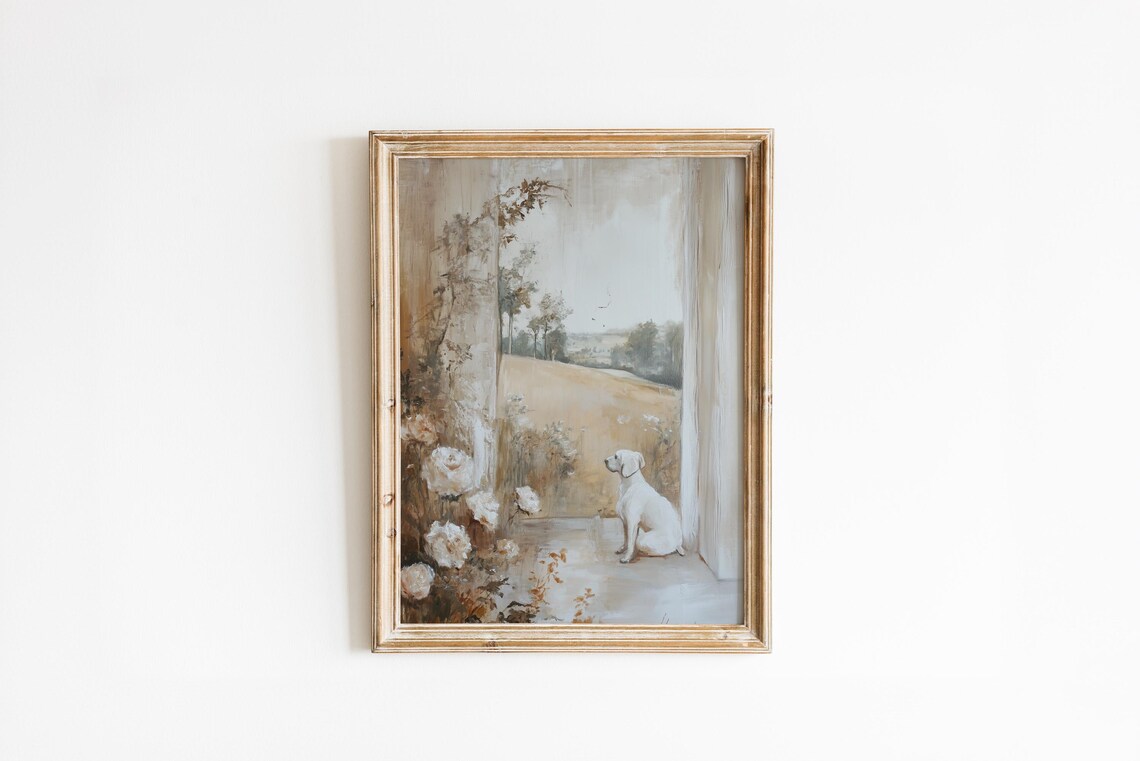 Vintage Cream Dog Sitting Window Roses Country Cottage Poster