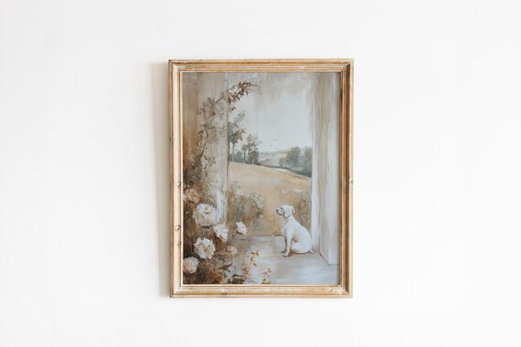 Vintage Cream Dog Sitting Window Roses Country Cottage Poster