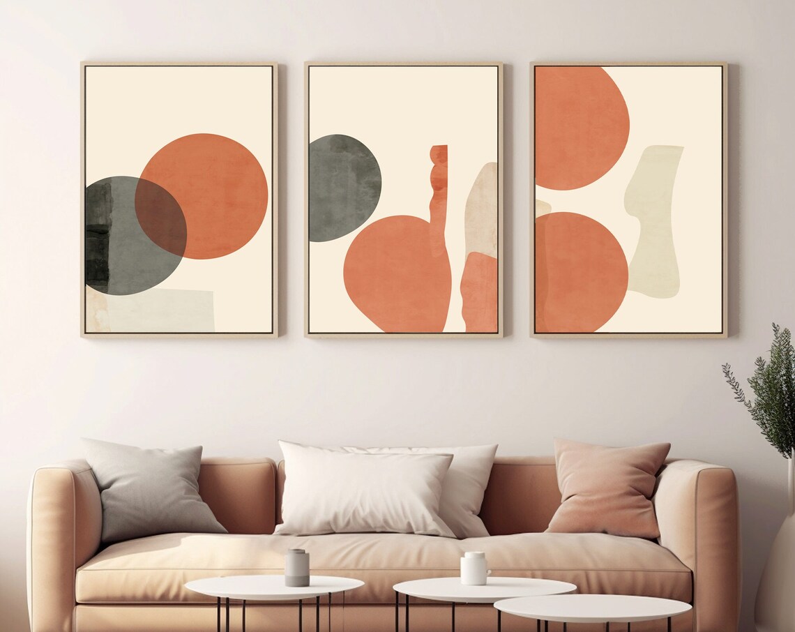 Terracotta Gray Abstract Circles Set Of 3 Modern Living Room Art Print