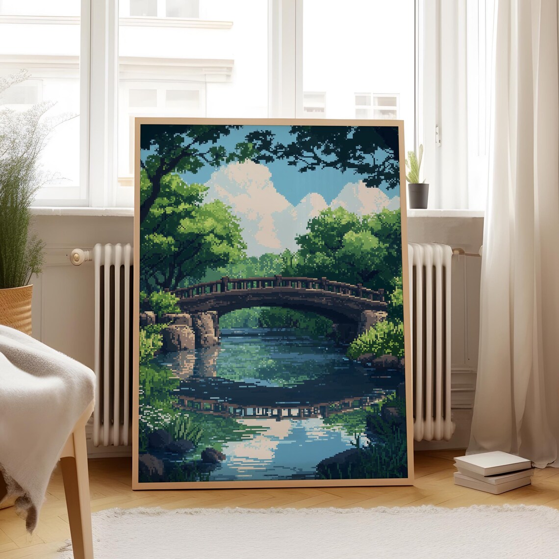 Pixel Art Wooden Bridge Forest Pond Serene Nature Landscape Poster