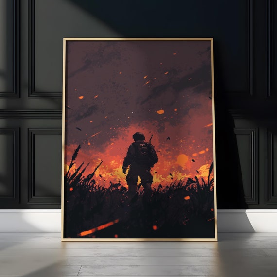 Soldier Silhouette Against Fiery Sky Pixel Art War Scene Poster Dramatic Battle Landscape Art Military Themed Wall Decor