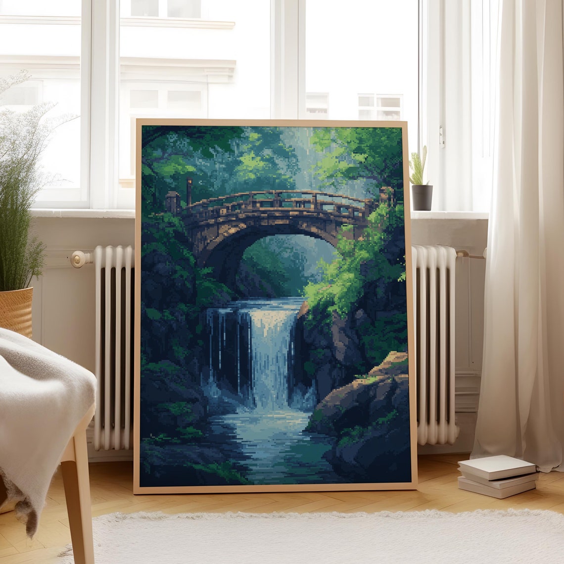 Pixel Art Stone Bridge Waterfall Lush Green Forest Stream Poster