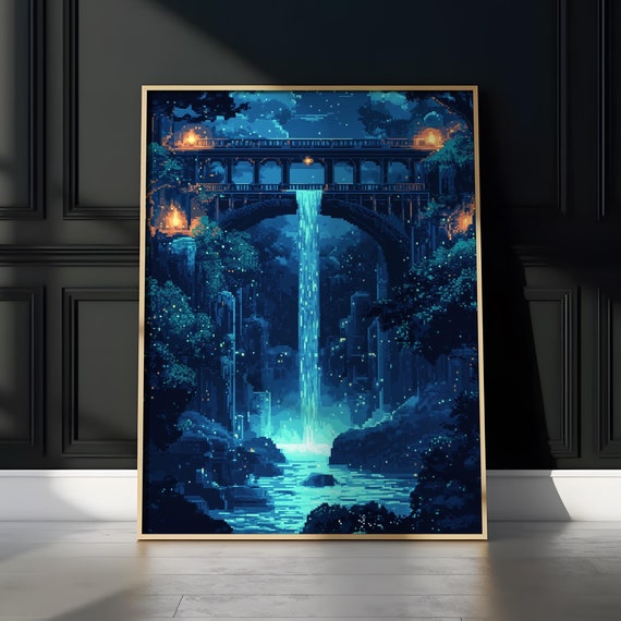 Fantasy Nature Pixel Art Matte Vertical Poster Enchanting Night Time Landscape Stone Bridge Waterfall Lanterns Mystical Blue Hue