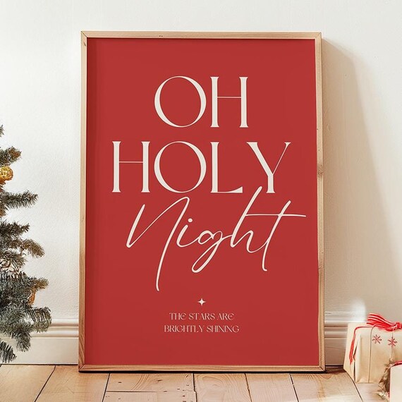 Oh Holy Night Stars Are Brightly Shining Classic Red Christmas Lyric Poster