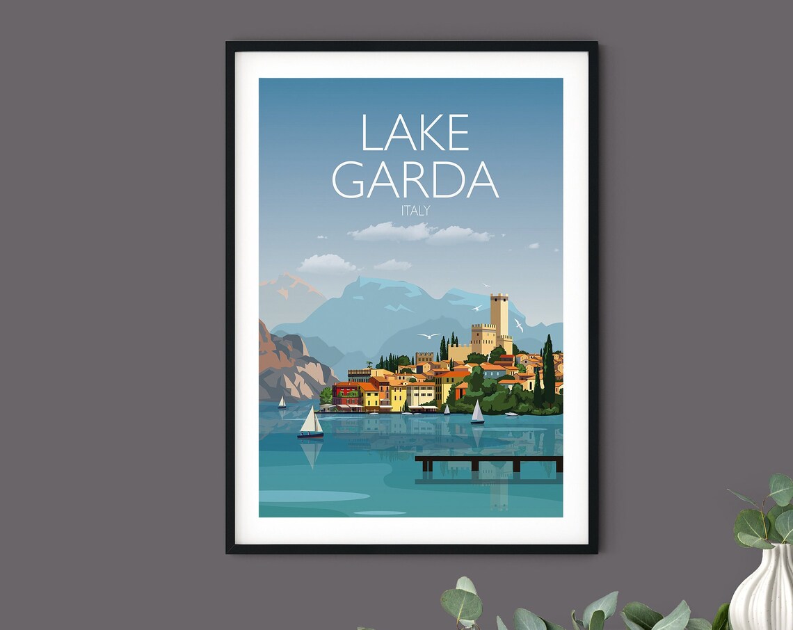 Lake Garda Italy Travel Poster of Scaligero Castle Sailboats on Water