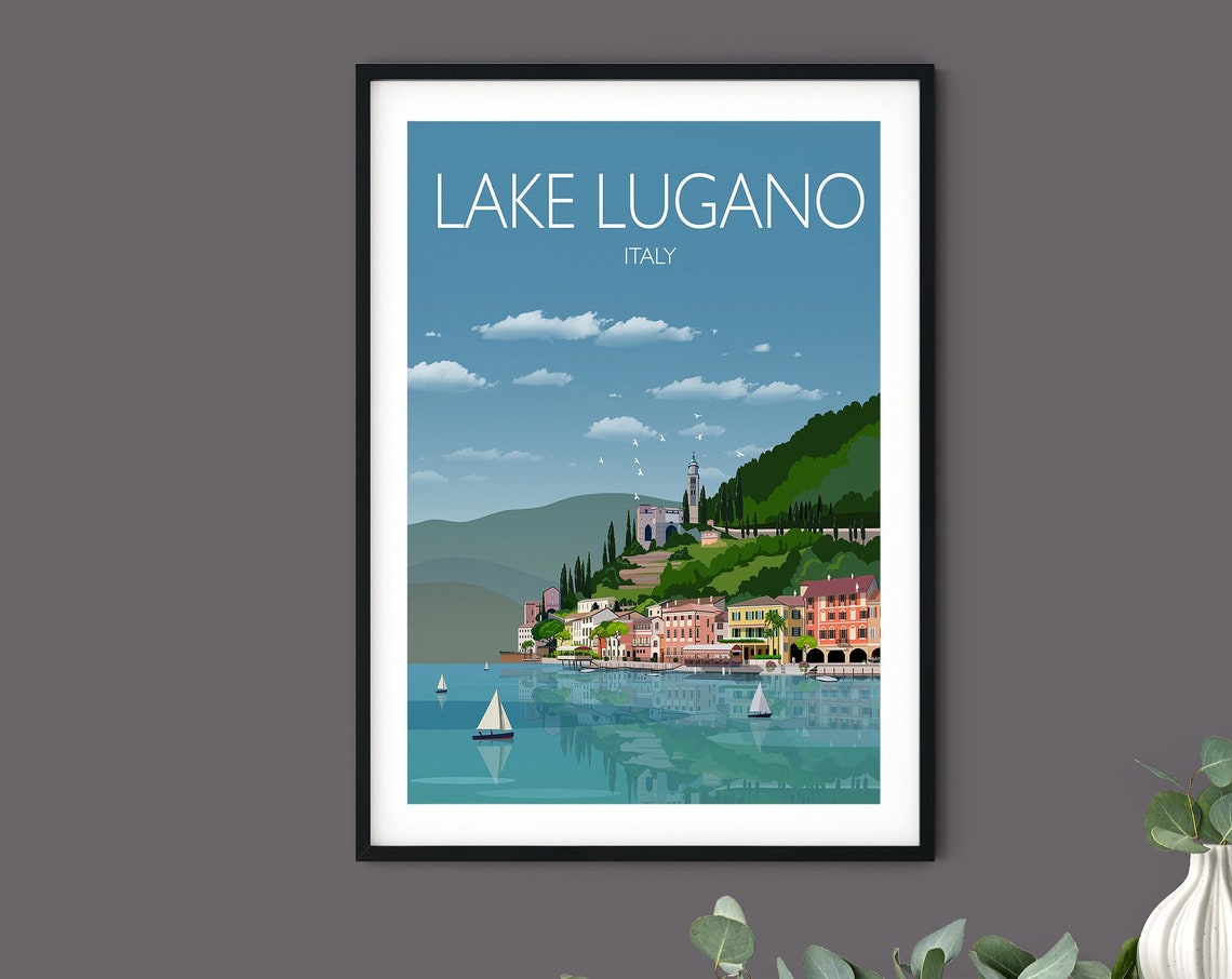 Travel Poster Of Lake Lugano Travel Print Of Lake Lugano Lake Lugano Italy Italy Travel Poster Italian Lakes - Image 5