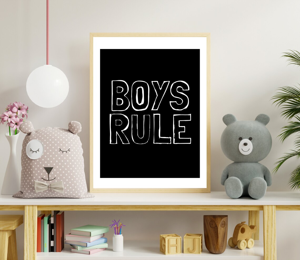 Boys Rule White Outline Black Minimalist Boys Bedroom Poster - Image 3