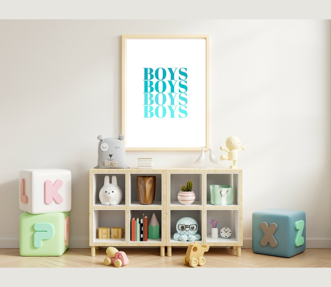 Boys Boys Boys Boys Teal Gradient Stacked Kids Typography Poster - Image 5