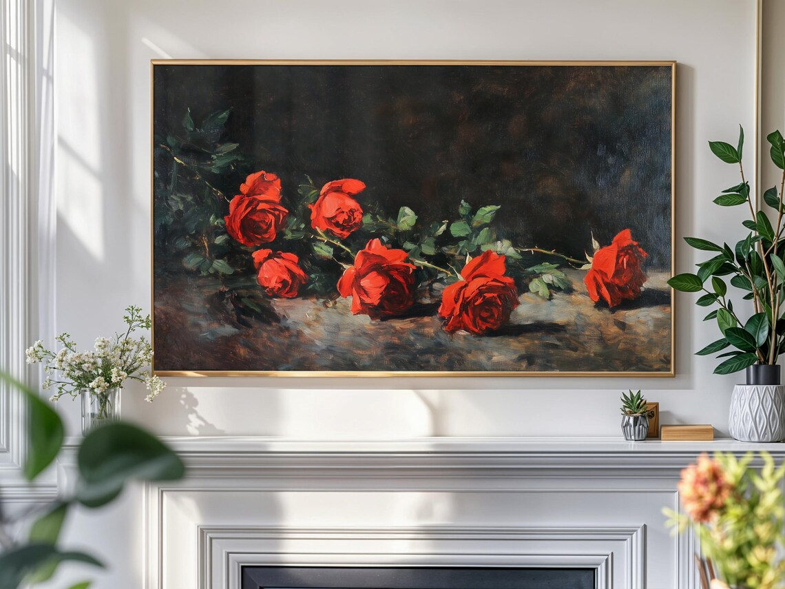 Red Roses Dark Moody Vintage Floral Still Life Oil Painting Poster - Image 4