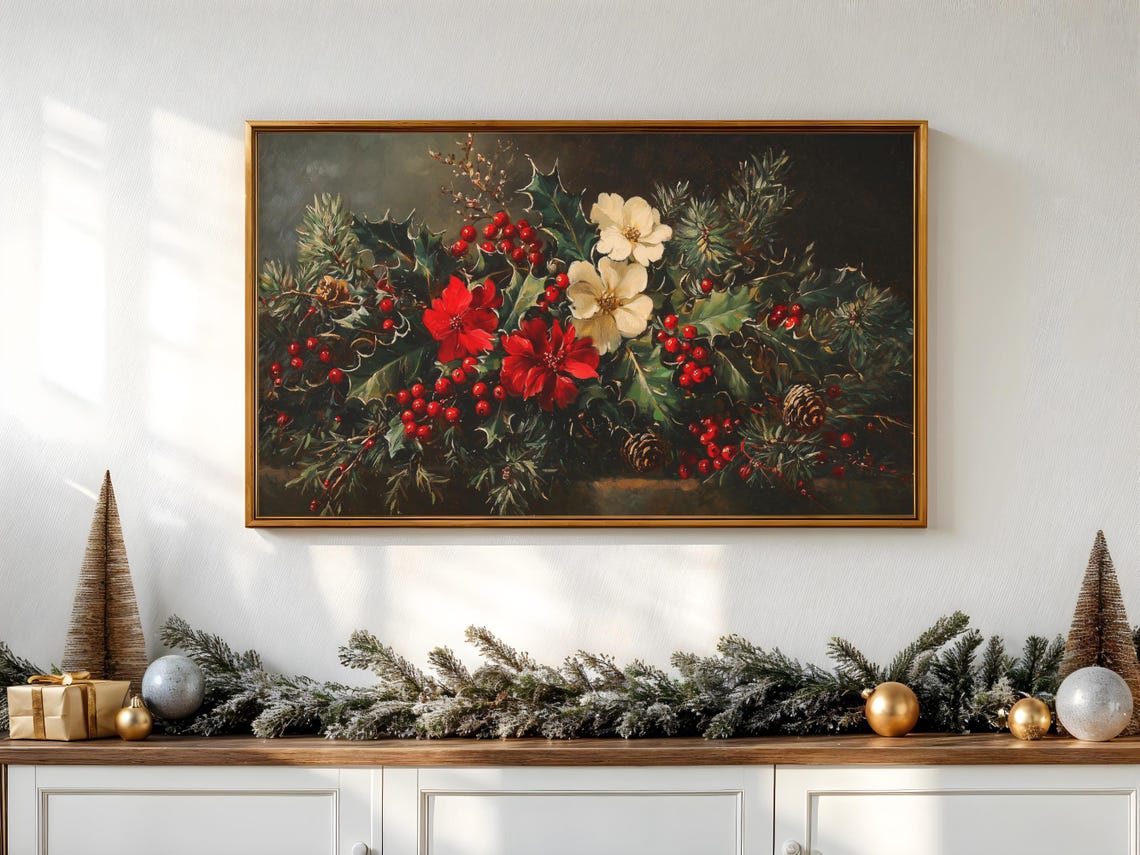 Winter Floral Christmas Frame Tv Art Dark Moody Christmas Decor Antique Holiday Flowers Painting Warm Seasonal Decoration