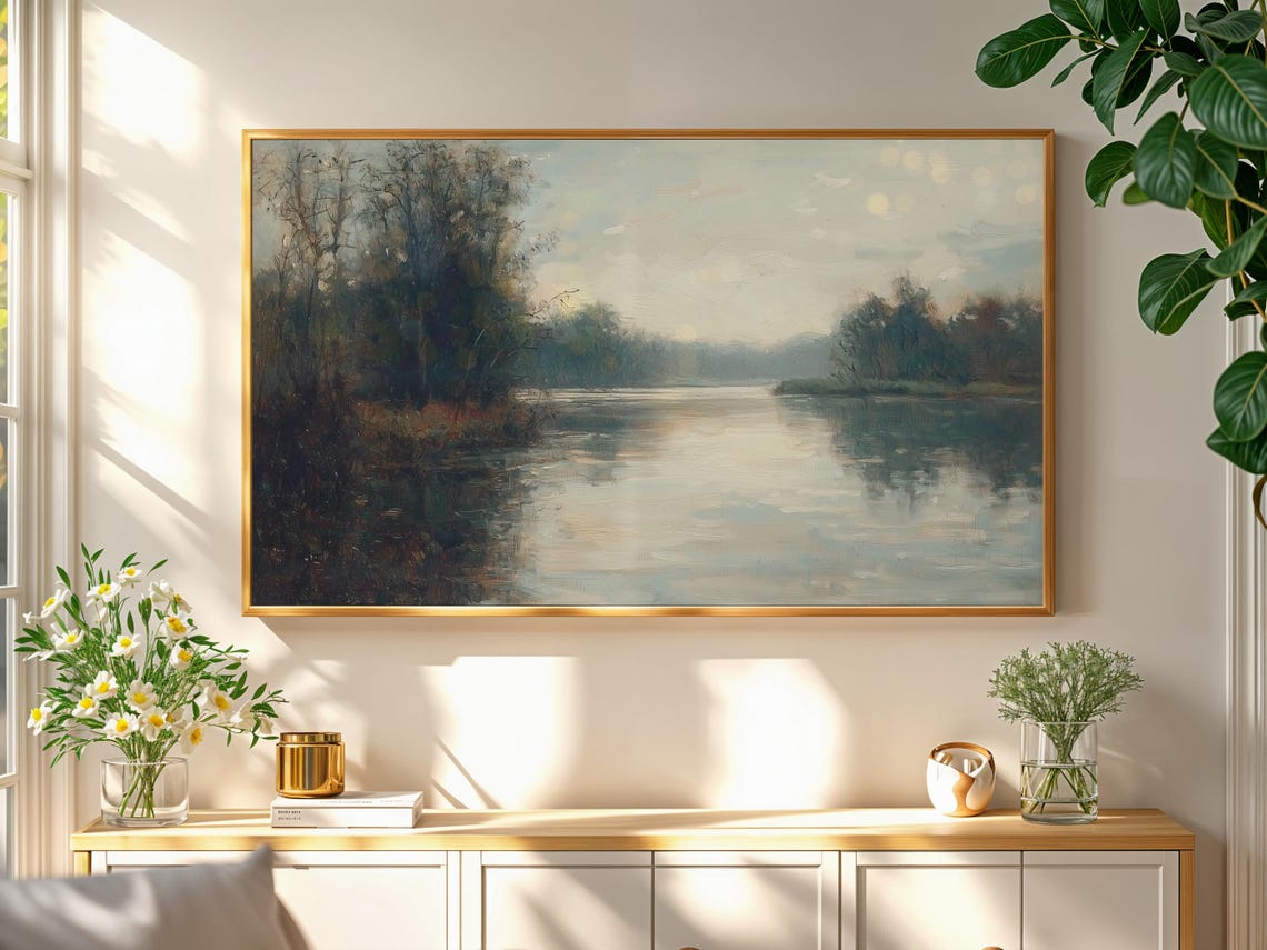 Moody Rustic Lake Forest Vintage Landscape Oil Painting Art Print - Image 2