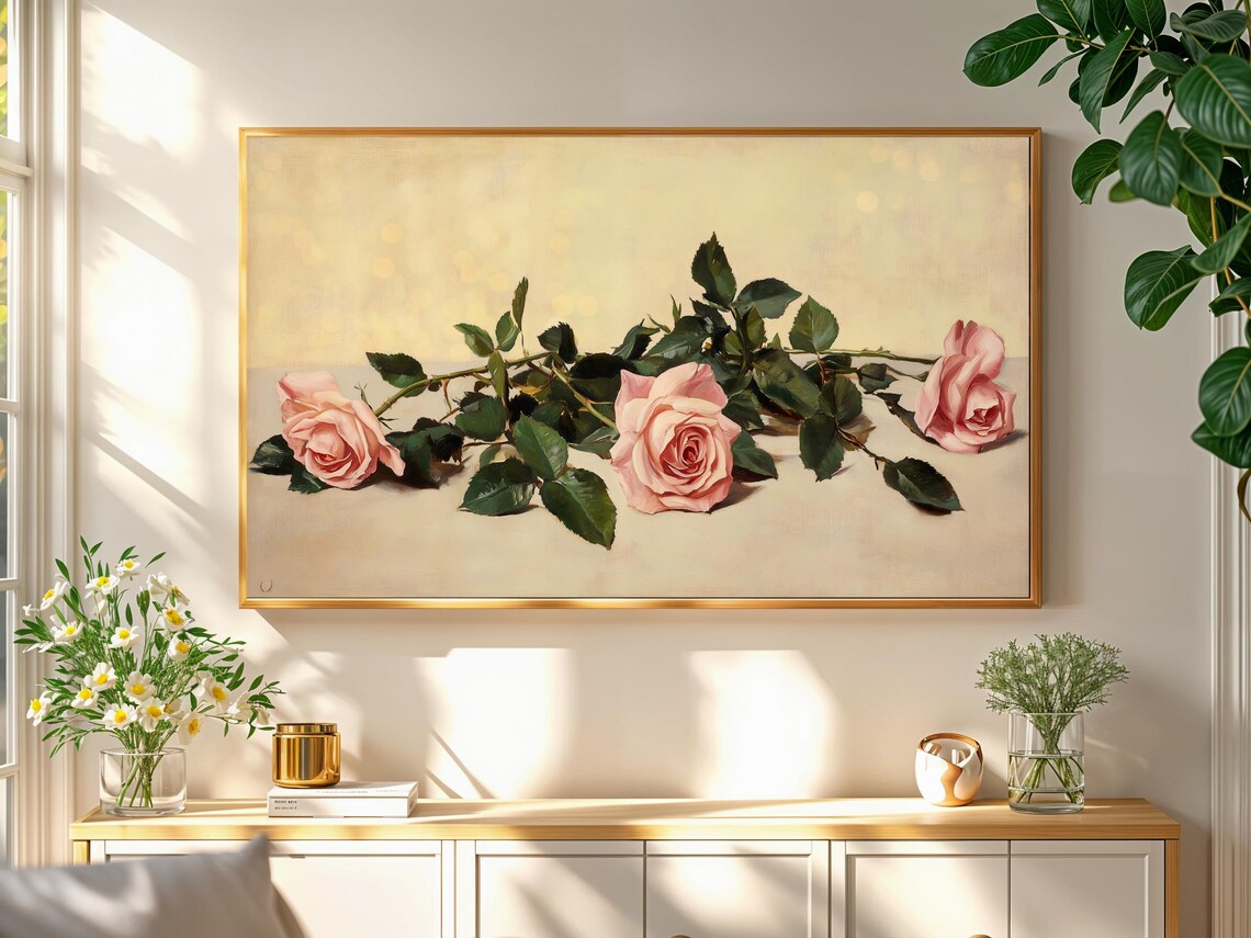 Vintage Pink Roses Branch Botanical Oil Painting Floral Art Print - Image 2