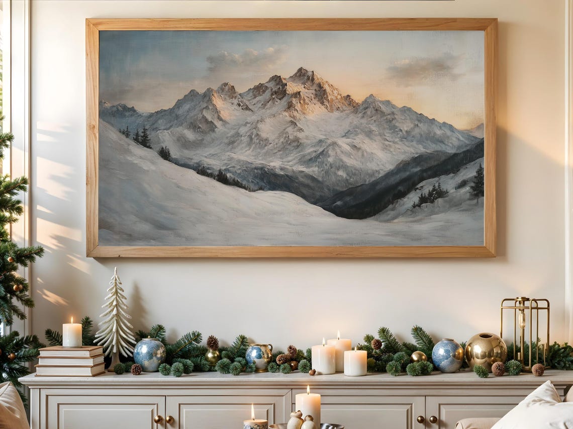 Snowy Mountain Peaks Sunset Winter Landscape Vintage Art Poster - Image 3