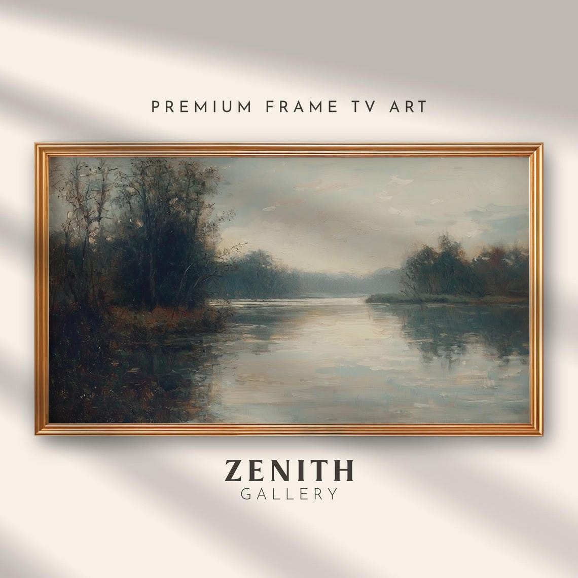 Frame Tv Art Moody Landscape Painting Vintage Rustic Lake Artwork For Frame