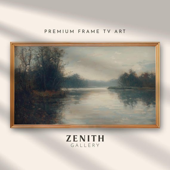 Frame Tv Art Moody Landscape Painting Vintage Rustic Lake Artwork For Frame
