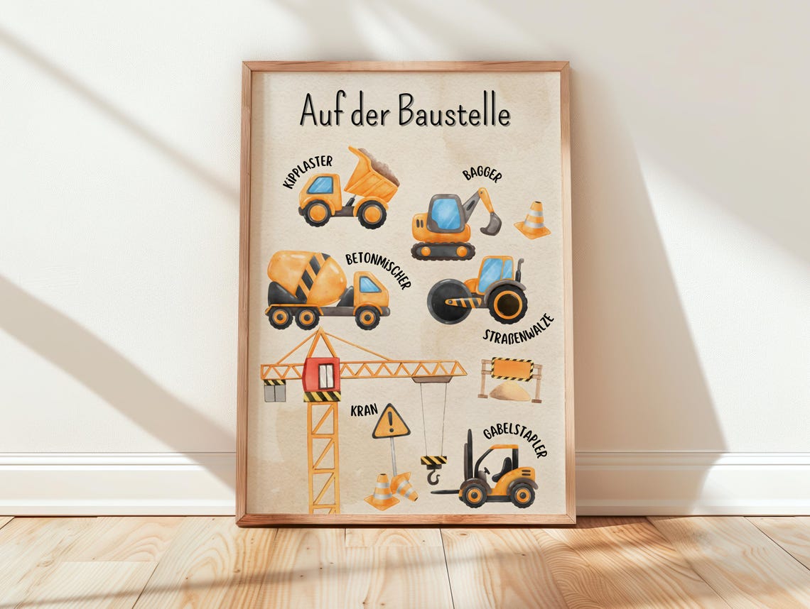 Auf der Baustelle German Construction Vehicles Kids Learning Poster