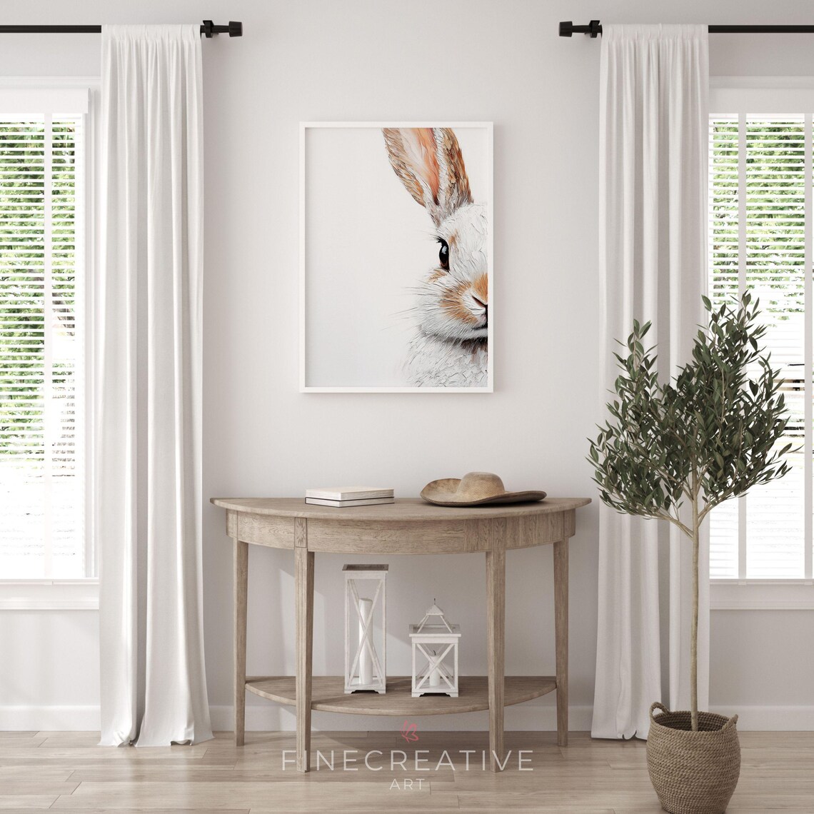 Minimalist White Bunny Close Up Thick Textured Painting Wall Art - Image 2
