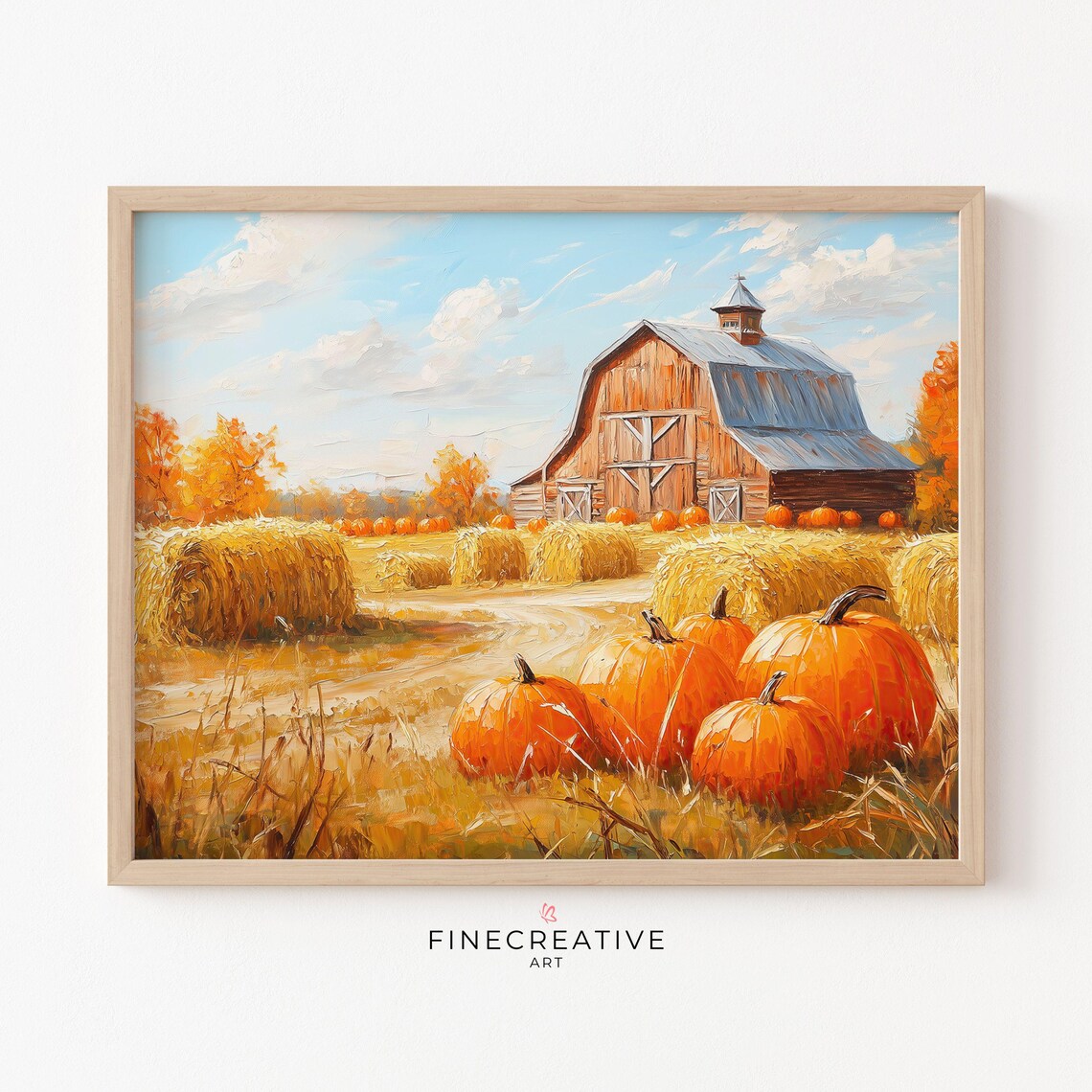 Fall Barn Pumpkins Hay Bales Golden Farm Harvest Painting Poster