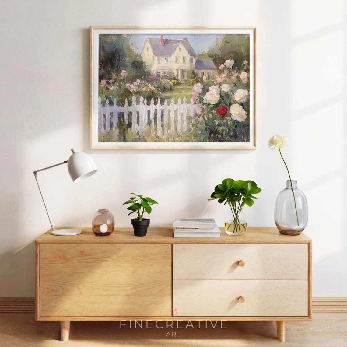Charming Cottage With White Picket Fence And Rose Garden Print - Image 2