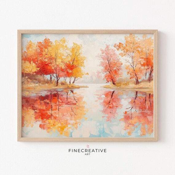 Autumn Lake Red Tree Reflections Fall Painting Landscape Poster