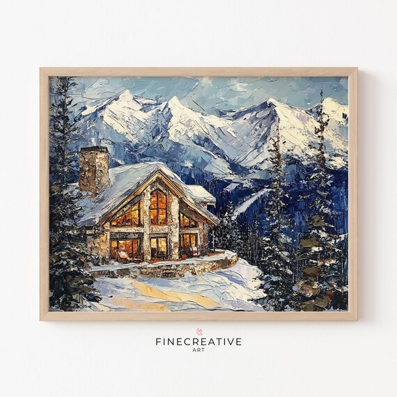 Snowy Mountain Chalet with Glowing Windows Dusk Impasto Poster