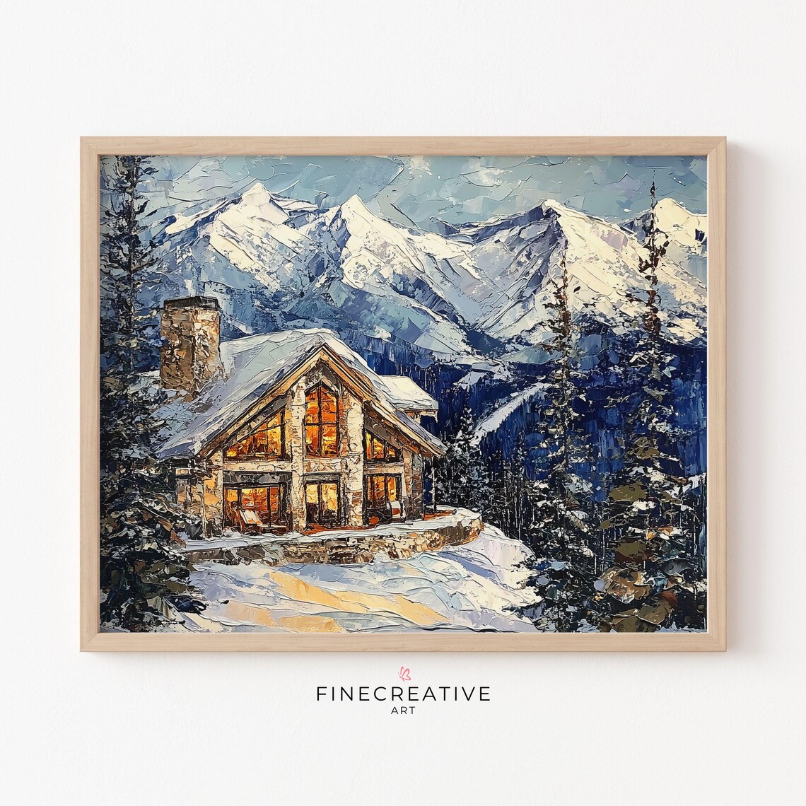 Snowy Mountain Chalet with Glowing Windows Dusk Impasto Poster