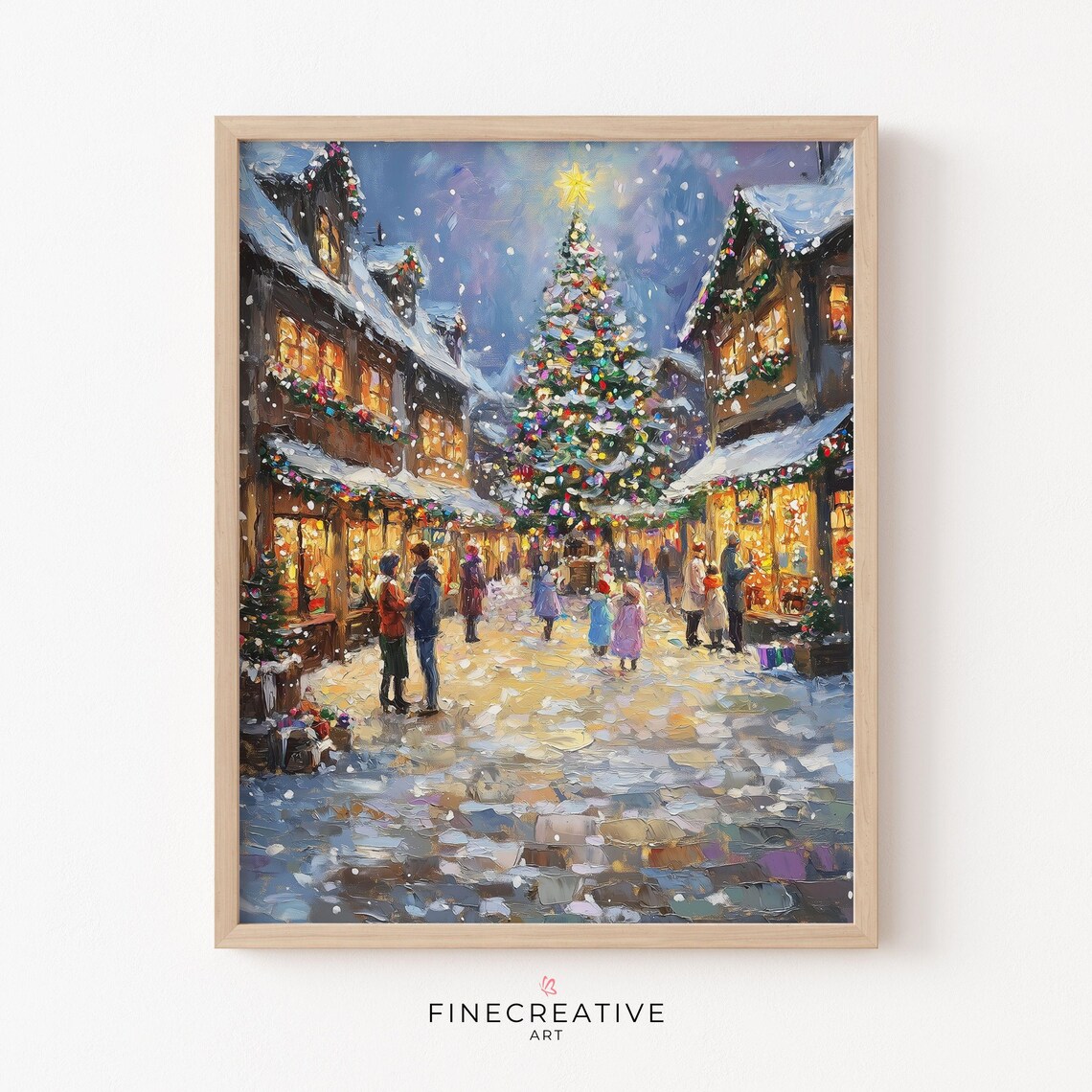 Christmas Village Street With Lit Tree And Night Market Poster